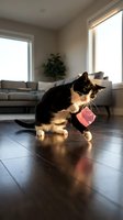 Black and white cat with pink tongue out playing with toy on hardwood floor in modern living room with natural light from windows.