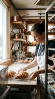 Male baker in apron arranging fresh croissants on cooling rack in artisan bakery kitchen with wooden shelves, copper cookware, and natural window light for small business, food production, or culinary content.
