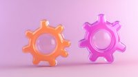 Pink and orange glossy gear wheels on soft pink background, minimal mechanical concept showing teamwork and collaboration. Business process automation symbol.