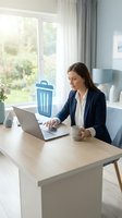 Woman in business casual attire working at wooden desk with laptop, holding coffee cup, with trash bin icon overlay symbolizing digital file deletion and data management in bright home office.