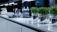 Modern microgreens growing in glass containers on white kitchen counter with hydroponic pebbles, fresh sprouts for healthy eating and home gardening.