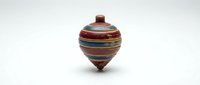 Wooden spinning top with red, blue, and gold striped bands, isolated on white background for toy and craft design projects.