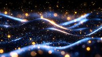 Abstract cosmic waves with glowing blue light streams and golden particles floating in dark starry space background, creating magical celestial atmosphere.