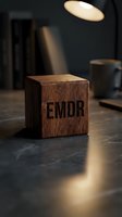 Wooden cube with EMDR text on dark surface in modern therapy office setting with warm lighting and professional atmosphere for mental health treatment.
