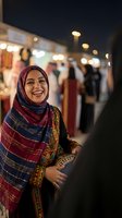 Happy young Middle Eastern woman in traditional colorful hijab smiling at evening market with warm bokeh lights creating festive atmosphere for cultural celebrations.