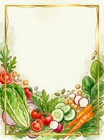 Watercolor vegetable frame with fresh produce including lettuce, tomatoes, cucumbers, carrots, and radishes arranged around golden border on cream background. Ideal for recipe cards, menus, and culinary designs.