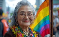 Senior Asian woman with gray hair and glasses smiling warmly while holding rainbow pride flag at outdoor celebration, wearing colorful lei necklace and brown sweater.