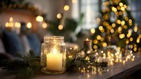 Glowing candle in mason jar surrounded by pine branches on wooden table with festive bokeh lights and Christmas tree in background.