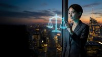 Professional Asian businesswoman touching holographic justice scales interface in modern office with city skyline at sunset for legal technology concepts.