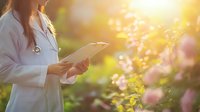 Female doctor in white coat using digital tablet outdoors in sunny garden setting with warm golden light and blooming flowers for healthcare technology.