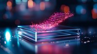 Glowing pink digital data stream emerging from modern electronic device with neon lights and bokeh effect in dark futuristic environment.