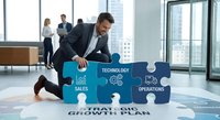 Professional businessman assembling large puzzle pieces labeled technology, sales and operations in modern office environment for strategic business planning.