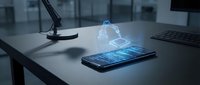 Smartphone displaying holographic house projection on modern office desk with lamp and keyboard, representing smart home technology and digital real estate solutions.