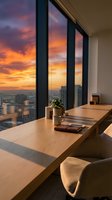 Modern office workspace with wooden desk, potted plant, and coffee cup overlooking cityscape during golden hour sunset. High-rise window view with warm lighting for corporate, business, and professional design projects.