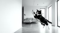 Playful black and white cat leaping through modern minimalist living room with gray sofa and large windows. Indoor pet photography for home decor concepts.