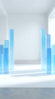 Modern minimalist corridor with translucent blue glass columns creating geometric architectural passage, suitable for corporate backgrounds and contemporary design projects.