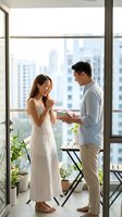 Young Asian couple sharing romantic moment on modern apartment balcony with city skyline view. Man proposing or giving gift to surprised woman in white dress.