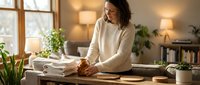 Young woman organizing books on wooden desk in bright home office with plants and warm lighting for productivity and workspace design.