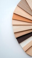 Fan-shaped arrangement of wood veneer samples in various natural tones from light beige to dark brown against white background, showing texture and grain patterns.