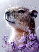 Close-up portrait of capybara surrounded by purple cosmos flowers against soft dreamy background, showing gentle expression and detailed fur texture.