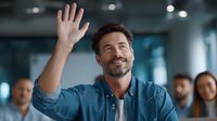 Friendly middle-aged Caucasian businessman waving hand in modern office environment with colleagues in background for corporate communication concepts.