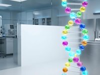 Colorful DNA helix structure with vibrant spheres suspended on metal rods in modern laboratory setting, representing genetic research, biotechnology, and scientific innovation for educational and medical purposes.