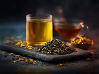 Aromatic loose tea leaves on stone board with freshly brewed golden tea in glass cup and teapot on dark background.