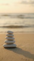 Zen stone stack balanced on sandy beach with soft ocean waves and golden sunset light creating peaceful meditation atmosphere for wellness and mindfulness concepts.