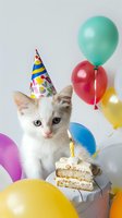 Adorable kitten wearing party hat celebrating birthday with colorful balloons and cake slice with lit candle for greeting cards and party invitations.