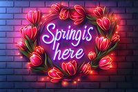 Glowing neon spring sign surrounded by vibrant red tulip flowers on brick wall background with pink and purple lighting effects creates seasonal atmosphere.
