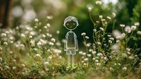 Whimsical line drawing character stands among blooming wildflowers in dreamy garden setting with soft bokeh effect and natural sunlight.