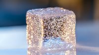 Frozen ice cube with sparkling frost crystals in soft focus macro photography against blurred blue background, winter season concept for creative design projects.