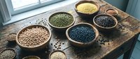 Assorted legumes and grains in bowls on rustic wooden surface near window, including lentils, beans, and seeds for cooking and nutrition.