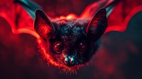 Dramatic close-up portrait of black bat head with glowing red eyes against dark background, mystical Halloween atmosphere with smoke effects and rim lighting.