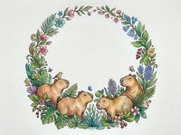 Watercolor floral wreath with cute rabbits and spring flowers on textured paper background for Easter greeting cards and seasonal designs.