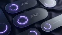 Futuristic toggle switches with glowing purple neon rings on dark surface, modern UI design elements for technology interfaces and digital applications.