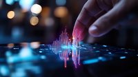 Close-up of hand touching glowing sound wave visualization with neon pink and blue light effects on dark background for audio technology concepts.