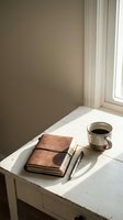 Minimalist workspace with brown leather journal, pen, and steaming coffee mug on white table by window with natural light, suitable for business, productivity, and lifestyle content.