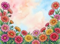 Watercolor floral border with colorful gerbera daisies in pink, orange, and yellow on a soft pastel sky background.
