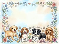 Watercolor puppy border frame with cute dogs, flowers, paw prints, and bones, soft pastel background with copy space for text or design.