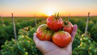 Fresh ripe tomatoes in farmer hand at sunset in agricultural field. Organic vegetable harvest concept for healthy eating and sustainable farming.
