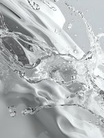 Dynamic water splash with flowing liquid and droplets creating abstract shapes against light gray background, captured in high-speed motion photography.