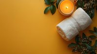 Minimalist spa composition with white rolled towel, aromatic candle and green leaves on vibrant orange background. Wellness and relaxation concept.