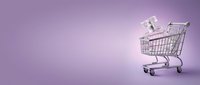 Shopping cart filled with white gift boxes on purple gradient background, representing retail sales, e-commerce, and holiday shopping promotions.