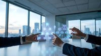 Business professionals using holographic data visualization technology in modern office conference room with city skyline view for digital transformation.