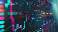 Financial market data visualization with neon pink and blue candlestick charts and stock indicators on digital display showing trading analytics and price movements.