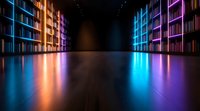 Modern library interior with glowing neon bookshelves creating dramatic reflections on polished floor, illuminated in vibrant blue, purple and orange lights.