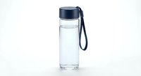 Clear glass water bottle with navy blue cap and carrying strap isolated on white background for healthy lifestyle and hydration concepts.