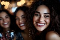 Young African American woman with curly hair and bright smile enjoying party celebration with friends, holding wine glass in dimly lit setting with bokeh lights.