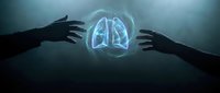 Hands reaching toward glowing holographic lungs in dark atmospheric setting for medical healthcare technology concepts and respiratory system education.